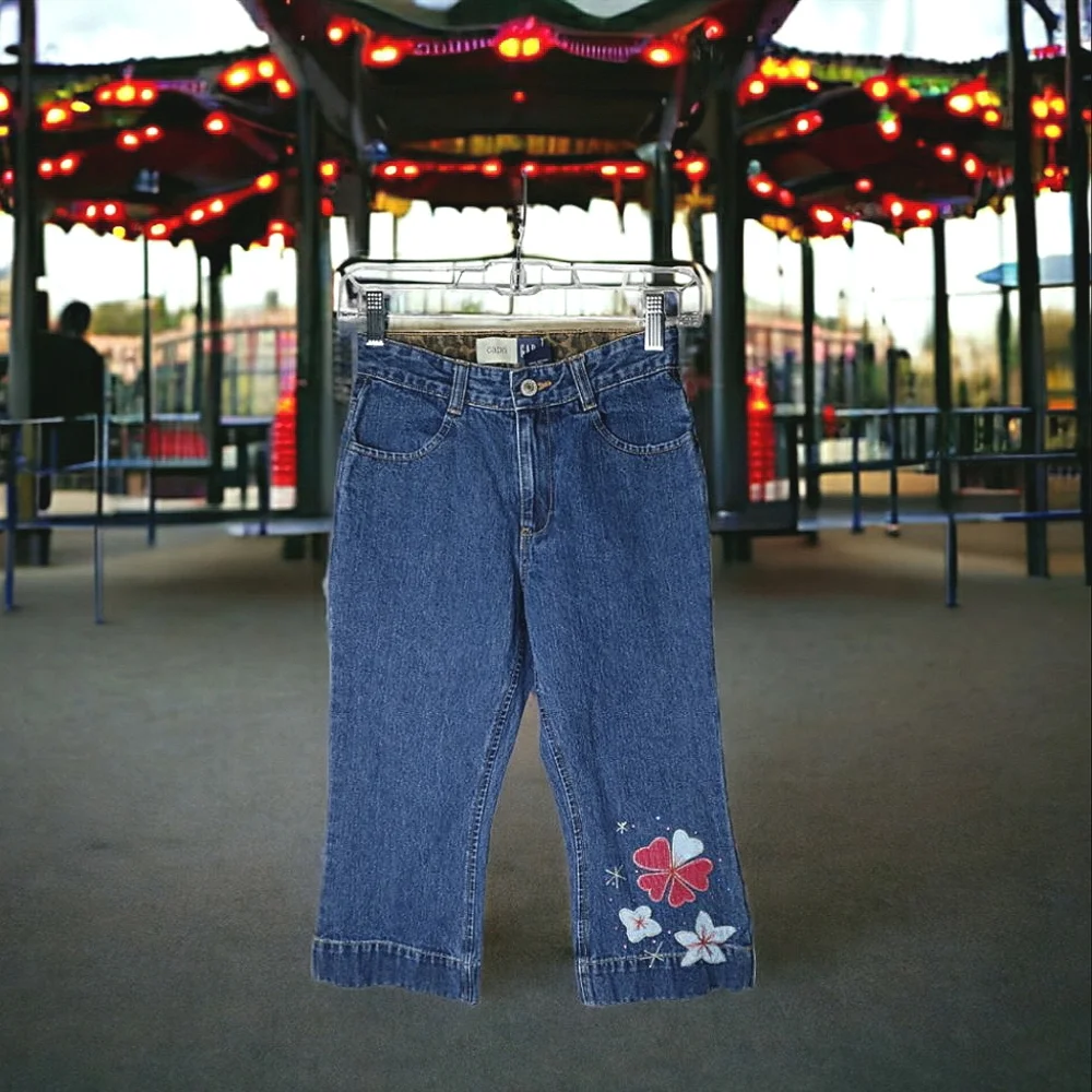 Vintage Gap Kids Cotton Applique Embroidered Bling Girls Denim Capri Jeans Sz 10